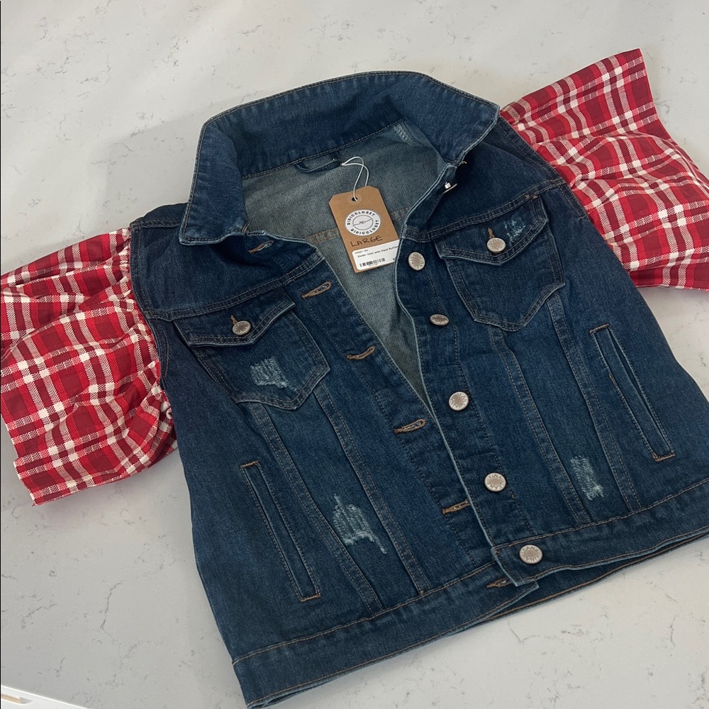 Denim Jacket with Red Plaid puff Sleeves